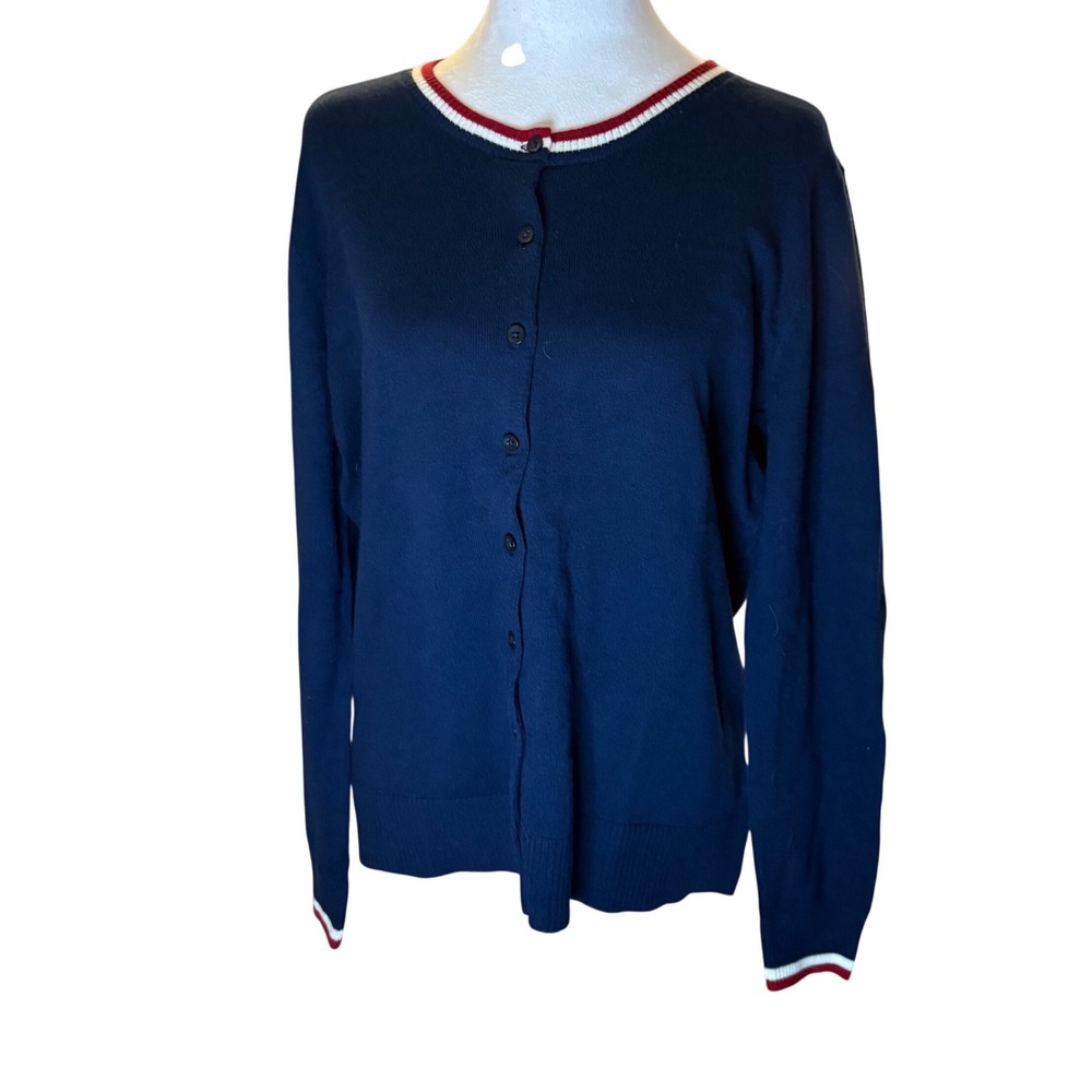 Gap Navy Tipped Crewneck Cardigan XL Red White Trim Preppy Classic Teacher Core